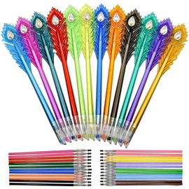 Lopenle 12 PCS Colorful Peacock Feather Pens Colored Gel Pens Diamond Head Tip Pens Multicolored Gel Pens With 24 Pieces Refills Bright Ink For School Office Bithday Christmas Party.