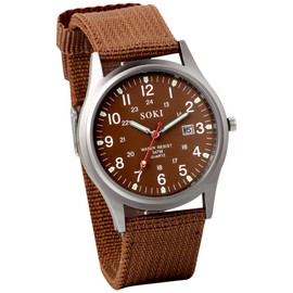 OIDEA Men's Watch Made of Nylon Military: Military Watch Analogue Quartz Men's Watch Vintage Calendar with Illuminating Hands LED Light Outdoor Waterproof 30 m Gift for Men Friend, brown, Strap.