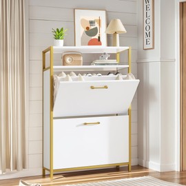 VECELO Shoe Storage Cabinet with 2 Flip Drawers for Entryway, Modern Slim Hidden Freestanding Organizer with Metal Legs for Hallway, Living Room, Large Capacity, Suit for Size to 8, White