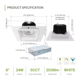 ASD Trimless LED Recessed Lighting 6 Inch, 24W 120V Square Commercial Downlight, Canless Dimmable LED Downlights for Ceiling with J-Box, 5 CCT 2700K-5000K, CRI 90+, IC Rated, ETL, White