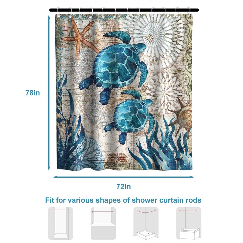Final Friday Nautical Shower Curtain Teal Sea Turtles Theme Fabric