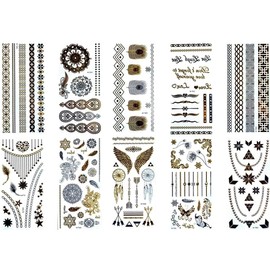 10 Sheets Temporary Feather Tattoos Bracelet Tattoos Gold and Silver Tattoos Metallic Tattoos Flash Tattoos Set 2