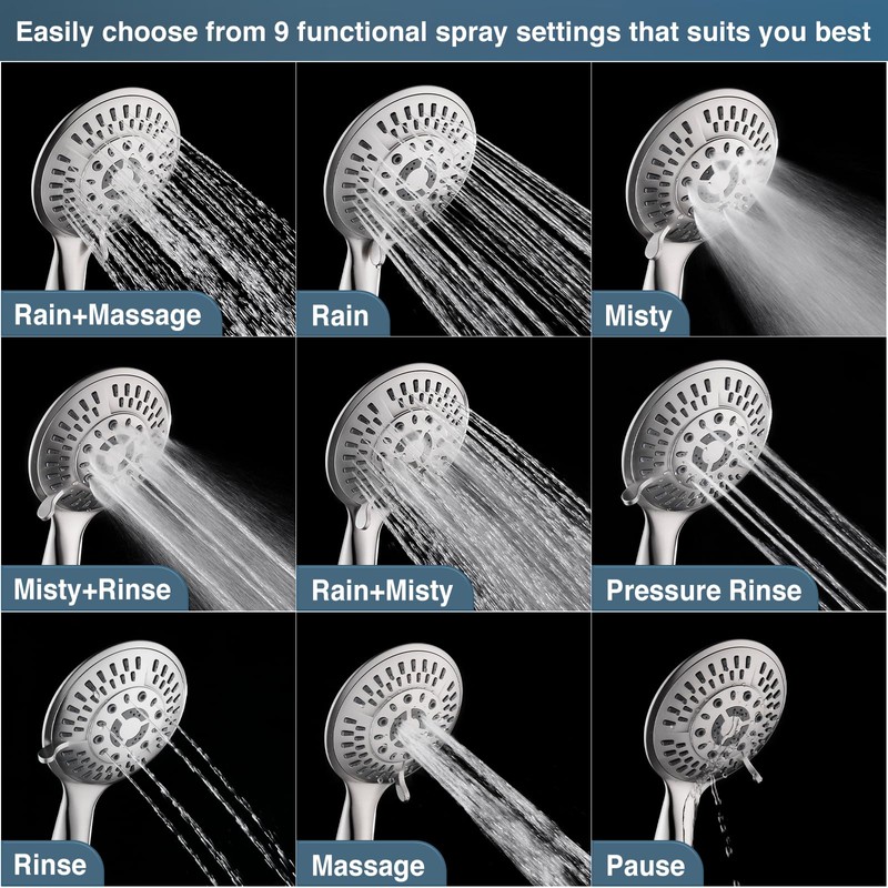 BRIGHT SHOWERS 9 Spray Settings Shower Head with Handheld High