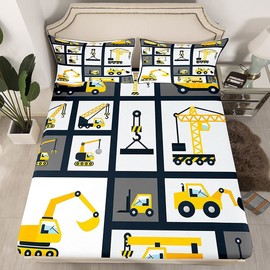 Loussiesd Boys' Construction Fitted Sheet 90 x 200 cm Children's Cartoon Machines Truck Bed Sheet Set for Girls Bedroom Construction Site Car Vehicle Decor Fitted Sheet with 1 Pillowcase