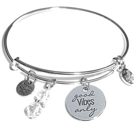 Hidden Hollow Beads Women's Stainless Steel Message Charm Expandable Wire Bangle Bracelet, Popular Stacking Bracelets, Arrives in a Gift Bag. (Dragonfly) (Good Vibes Only)