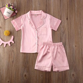 TiendaDeLage Toddler Baby Girl Satin Silk 2 Piece Long Sleve Collared Button Down Shirts and Pants Casual Loungwear Cute Clothes (Short Sleeve Pink,2-3T)