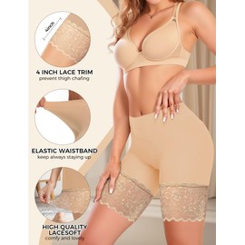 ZENUTA 3 Pack Lace Slip Shorts for Women Under Dresses, Seamless Anti Chafing Shorts Summer Under Dress Shorts Women (3pcs Black White Nude, L)