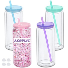 Micellwuu 20 oz Acrylic Snowglobe Tumbler, 4 Pack Double Wall Snow Globe Cups with Pre Drilled Hole, Plastic Mason Jar Cups Can for Snow Globe Glitter DIY (Mixed Color)