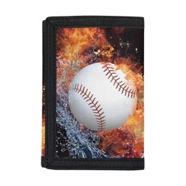 GIFTPUZZ Fire Baseball Print Trifold Wallet for Kids Novelty Wallet for Childrens Money Pouch for Kids Coin Purse Card Holder ID Window Holder Birthday Gifts