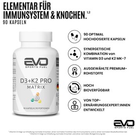 EVO SPORTS FUEL Vitamin D3 + K2 Pro Matrix - 90 Hochdosiert Kapseln - mit All-Trans K2-MK7, Magnesium und Calcium - für Immunsystem, Knochen und Blutgewinnung - geprüfte Qualität - Made in Germany