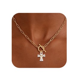 HMGADN Chunky Cross Necklace for Women Trendy Dainty 18K Gold Silver Plated Cross Pendant Necklace Layered Paperclip Chain Non Tarnish Jewelry Gifts for Women (Silver)