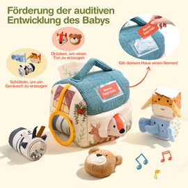 WOODEN TEETHER Baby Toy 4 6 12 18 Months, Montessori Toy Baby Ensory Farm House with 5 Animal Figures, Motor Skills Toy, Rattles, Children's Educational Games Crinkle Effects for Boys Girls Gift