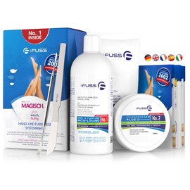 Mr. Fuss® No. 1 Advanced Pack Complete Large Cuticle Callus Remover Economy Pack 5 Pieces Active Solution Quick & Strong Softening 500 ml Balm No. 2-200 ml Cotton Cutlery Set