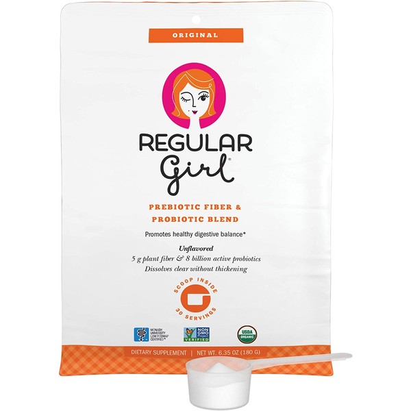 Regular Girl - Organic Powder, Low FODMAP Prebiotic Guar Fiber and Probiotic Support for Comfortable Digestion, 30 Servings