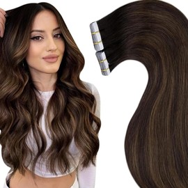 LaaVoo Tape in Hair Extensions Human Hair for Women Darkest Brown Mix Light Brown Tape in Human Hair Extensions Ombre Invisible Tape in Extensions Brown Human Hair Skin Weft 20Inch 20pcs 50g