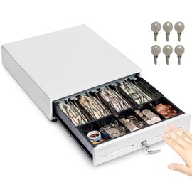 Volcora 13" Manual Push Open Cash Register Drawer for Point of Sale (POS) System, White Heavy Duty Till with 4 Bills and 5 Coin Slots, Key Lock with Removable Coin Tray and Double Media Slots