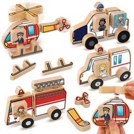 Aizweb Emergency Vehicle Toys,Wooden Police Car, Fire Truck, Ambulance, Helicopter,STEM Kit Fine Motor Blocks Educational Learning Montessori for 4-8 Year Old Boys Girls Community Helper