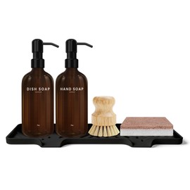KLL 2-Pack Glass Soap Dispenser Set with Tray - 17oz Refillable Bathroom Countertop Soap Dispensers with Rust-Proof Stainless Steel Pumps - Includes Bamboo Brush, Sisal Sponge & Funnel - Tawny