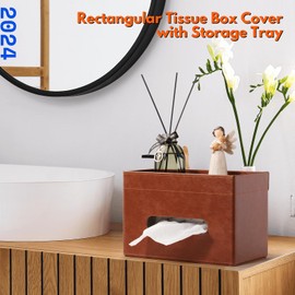 LAMOTI Rectangular Tissue Box Cover with Storage Tray, Leather Facial Tissue Box Holder for Bathroom, Office Table, Countertop, Night Stand & More (Brown)
