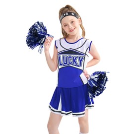 Girls Cheerleading Outfit Cheerleader Costume Dance Practice Cheer Uniform with Poms Poms Socks（Blue, 10-11Y)