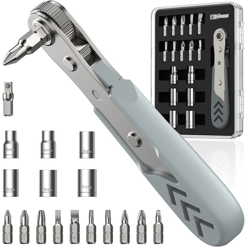 AXTH 17in1 Right Angle Ratcheting Screwdriver Set, [Bearing Steel] 36-Tooth