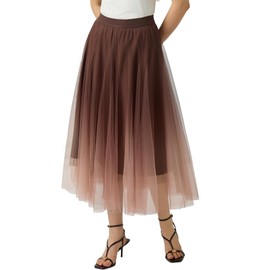 Mliyasan Women’s Gradient Tulle Midi Skirt Casual Pleated A-Line High Waist Swing Knee Length Skirt