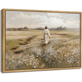 Framed Jesus Canvas Wall Art Jesus Walking In Field Painting Rustic Christian Wall Decor Picture for Living Room Bedroom Home Office Church Decoration Ready to Hang