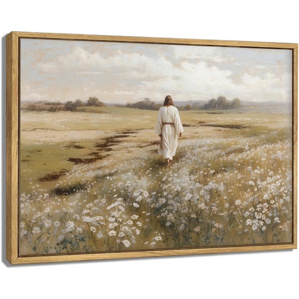 Framed Jesus Canvas Wall Art Jesus Walking In Field Painting