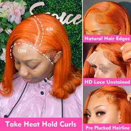 UCUVIC Ginger Lace Front Wigs Bob Wig 13x4 Frontal Glueless Wigs Human Hair Pre Plucked, Color #350 Bob Ginger Wig HD Lace Front Wigs Human Hair Wigs For Women 180% Density 12 Inch