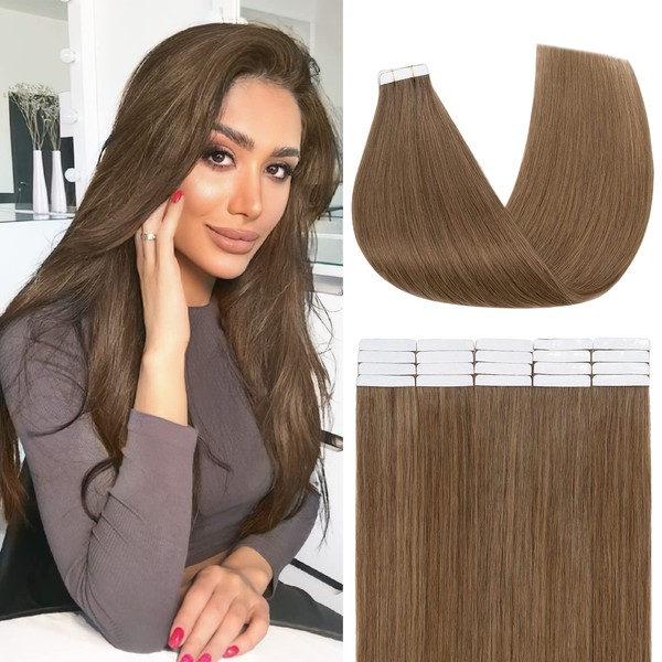 Benehair Tape Extensions Real Hair, 20 Pieces Hair Extensions Tape, Invisible Tape Extensions, Tape in Hair Extensions, Silky Soft Hair, 14 Inches 20 g, Dark Linen #6