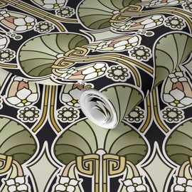 Removable Wallpaper 9ft x 2ft - Art Deco Abstract Green Nouveau Fan Flowers Custom Pre-Pasted Wallpaper by Spoonflower