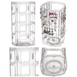 360 Rotating Earring Holder, Acrylic 4 Tiers Jewelry Organizer Rack Display Classic Stand,156 Holes and 160 Grooves Clear Jewelry Earring Rack, Detachable Necklace Bracelet Tree Tower (Clear1)