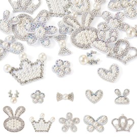 FASHEWELRY 20Pcs Pearl Rhinestone Patches White Shinny Imitation Pearl Beaded Applique Crown Flower Antlers Heart Butterfly Bowknot Rabbit Embroidered Sew on Patches for Clothes, Fabric, Backpack