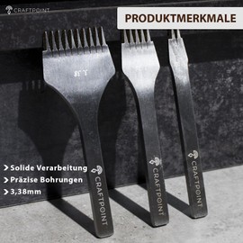 CRAFTPOINT French Leather Hole Punch Set - Spacing 3.38 mm with 2, 5, 10 Teeth - Punch Tool for Leather Crafting, Saddlery, Seam Preparation