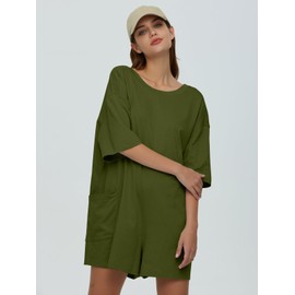 DEEP SELF Womens Oversized Romper 2024 Summer Short Sleeve Onesie Shorts Jumpsuits Hot Shot Tee Romper with Pockets (Large, Army Green)