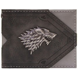 Westeros Game of Thrones House Stark Silver Direwolf Emblem Wallet Bi-Fold ID & Card Holder, Grey
