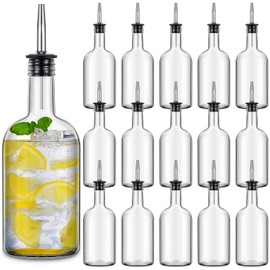 Baderke 17 oz Glass Long Neck Bottles with Pourer and Caps Glass Bar Juice Pour Syrup Bottles with Stainless Steel Bottle Pourer Tapered Spout for Liquor Wine Juice Snowcone Syrup (16 Pcs)