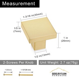 QOGRISUN Solid Brass Square Cabinet Knobs, Gold Drawer Pulls – 1-3/16 Inch (30 mm), 5-Pack, Brushed Brass Finish for Kitchen Cabinets, Bathroom Vanity, Dresser, Closet Doors