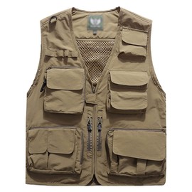 Flygo Men's Casual Lightweight Outdoor Travel Fishing Vest Jacket Multi Pockets (X-Large, Khaki)