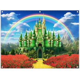 Yriujul 8x6ft Polyester Green Castle Backdrop Yellow Brick Road Rainbow Sky Photography Background Floral Banner Kids Party Decorations Photo Props