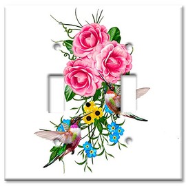 Art Plates - Double Gang Toggle OVERSIZE Switch Plate - OVER SIZE Decorative Metal Wall Plate - Hummingbirds In Flowers - (Made in USA)