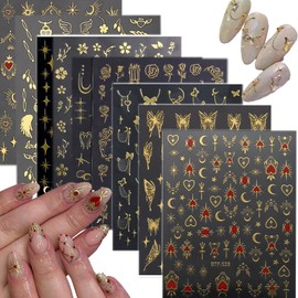 Tisaindor 9 Sheets Gold Nail Art Stickers, Sun Moon Stars Heart Butterfly Bow Flower Nail Sticker Design, 3D Gold Nail Stickers for Women Girls Manicure Charms Decorations, DIY Nail Art Decal