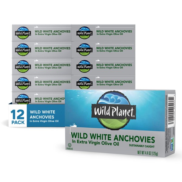 Wild Planet Wild White Anchovies in Extra Virgin Olive Oil, Tinned Fish, 4.4 Ounce, Pack of 12