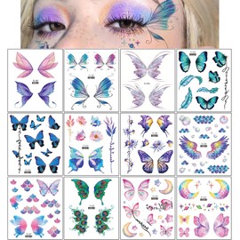 Konsait 12 Sheets Glitter Butterfly Temporary Tattoos for Women Kids Butterfly Face Sticker Glitter Tattoos Temporary for Girl Fairy Eye Makeup for Women Princess Fairy Party Favors