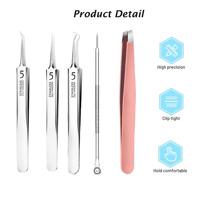 Ingrown Hair Tweezers, 5 Pcs Precision Blackhead Tweezers, Exquisite Black