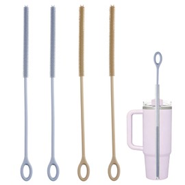 4Pcs Reusable Silicone Straw Cleaner Brush Extra Long, Soft Bendable, Non-Slip Handle for Glass Metal Smoothie Straws (Blue&Brown)