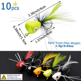 Fly Fishing Popper Flies, Dry Flies Bass Popper Fly Lures Assortment Topwater Panfish Bluegill Poppers Crappie Popping Bug Flies Sunfish Trout Salmon Flies Kit for Fly Fishing
