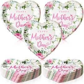 Domensi 50 Pcs Mother's Day Party Decorations 7" Heart Shaped Paper Plates Happy Mother's Day Paper Plates Disposable Dinnerware Tableware Set for Mom Birthday Spring Flowers Theme Party Supplies