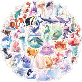 Sea Animals Stickers Watercolour Sea Animals Sticker Set 50 Pieces Cute Decoration for Car Laptop Skateboard Bicycle Moped Motorcycle Bicycle Computer Suitable for Adults Children