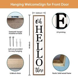 Oh Hello There Welcome Sign For Front Porch Standing 45"X9" Tall Wood Frame Outdoor Vertical Decor for Farmhouse Rustic Large Modern Home Outside Front Door Wall Decorations (Wood White)
